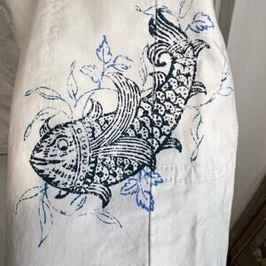 Coldwater Creek Capri Pants Sz 12 Tie Bottoms White Koi Fish Coastal Stretch
